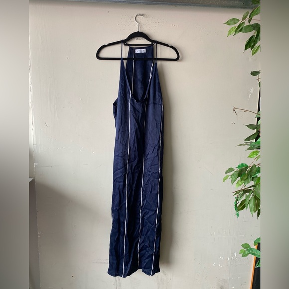 Faithfull The Brand Navy Blue Pinstripe Button Side Midi Dress Size 6 Sleeveless - Picture 2 of 8
